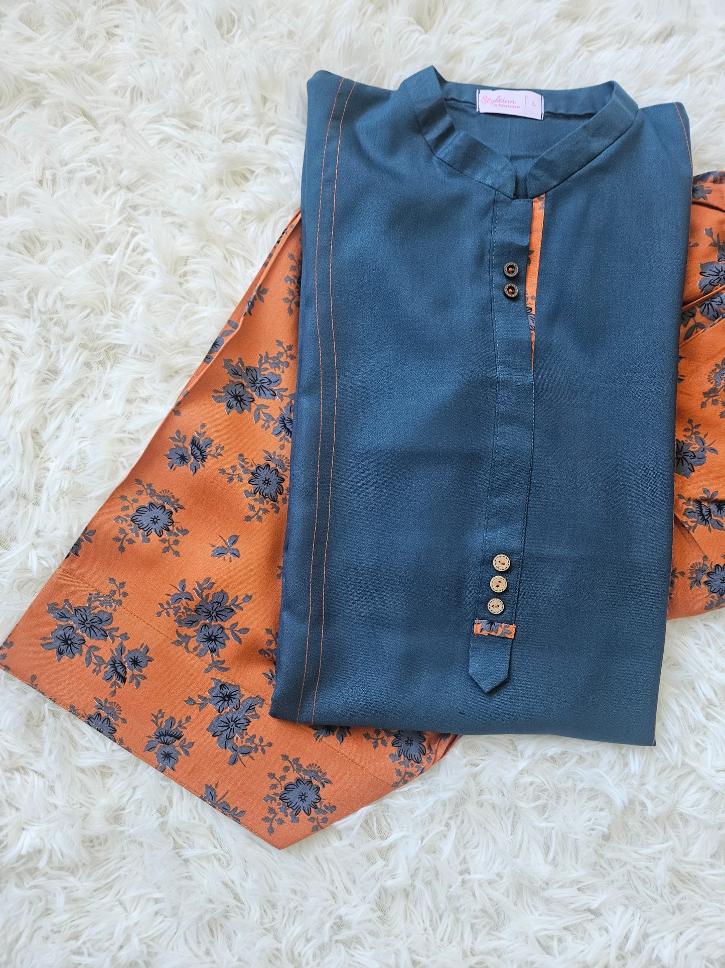 2 Piece Marina Teal Blue Kurta with Orange Printed Floral Shalwar