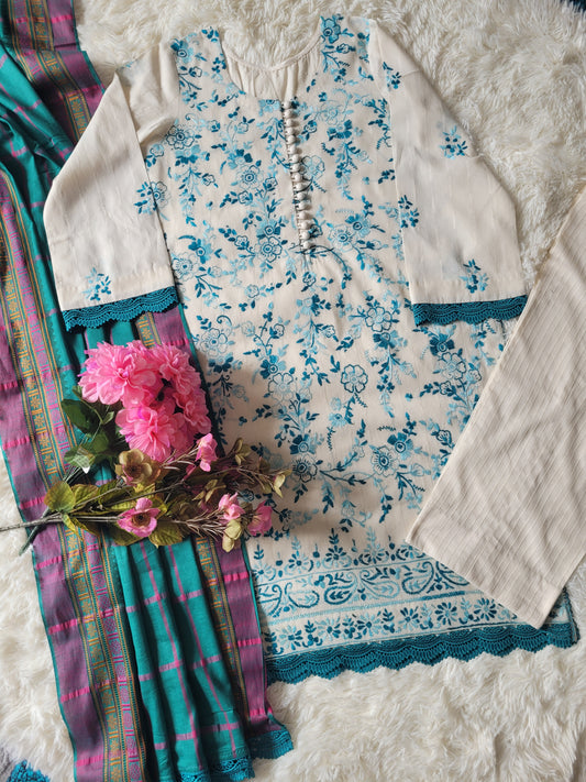 Ivory Bloom: Hand-Embroidered Suit with Teal Accents & Striped Dupatta
