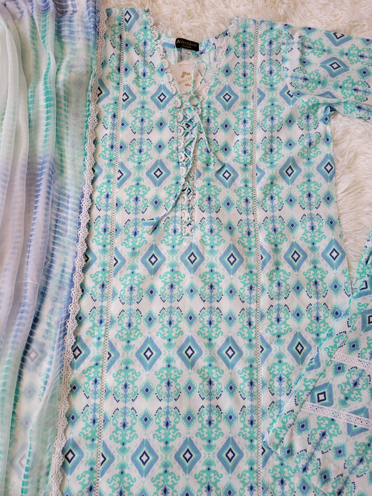 Agha Noor Aqua Horizon: Printed Lawn Suit with Striking Tie-Dye Dupatta
