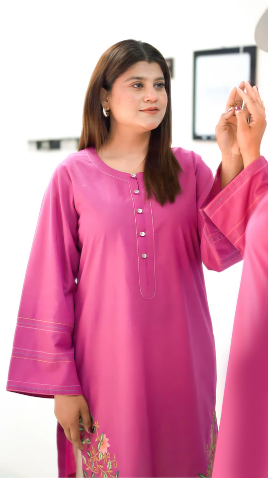 Fuchsia Floral Grace: Embroidered Cotton Ensemble