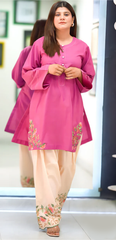 Fuchsia Floral Grace: Embroidered Cotton Ensemble