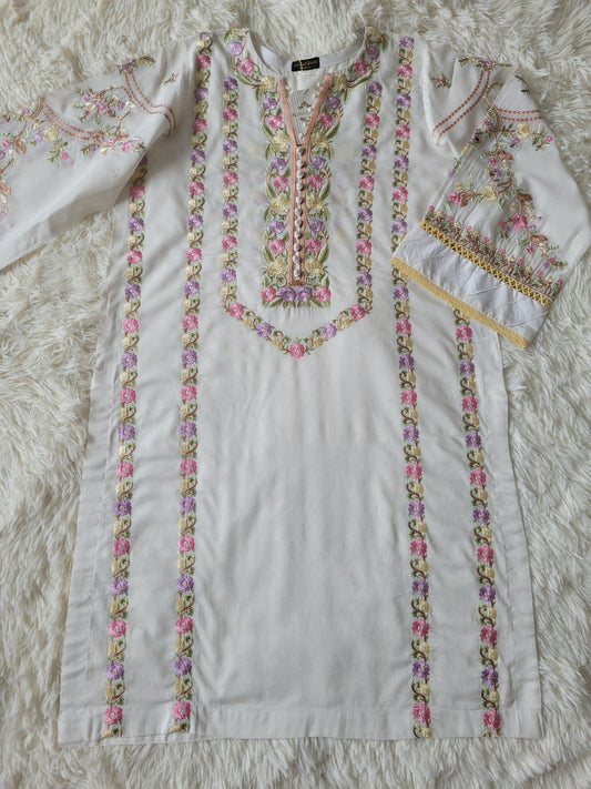 Agha Noor White Multi-Embroidered lawn Suit with Ombre Dupatta