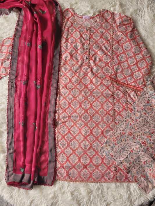 Zara Peach Medallion: Printed Shirt with Fuchsia Dupatta