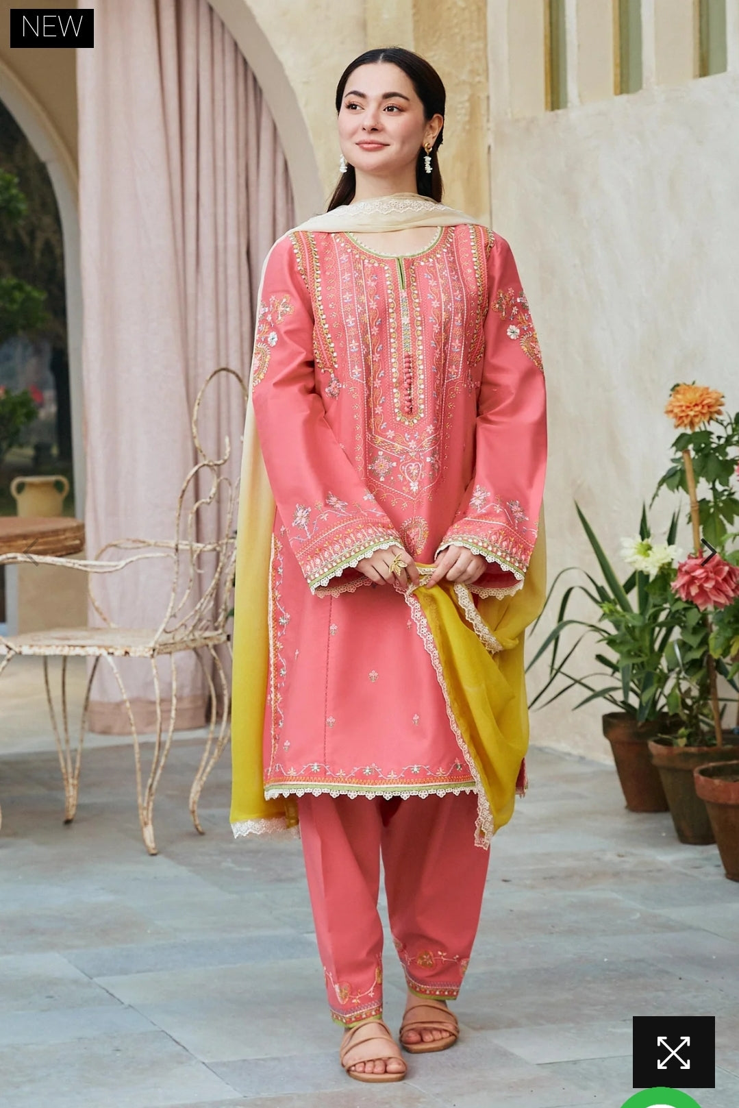 Zara Shahjahan Coral Bloom: Embroidered Suit with Yellow Dupatta