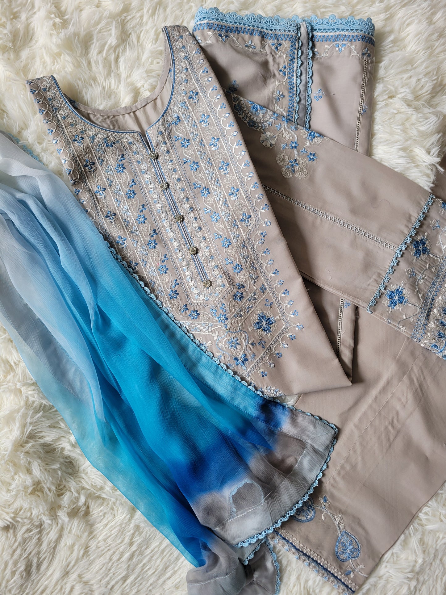 Zara Shahjahan Grey Suit with Sky Blue Embroidery and Ombre Dupatta