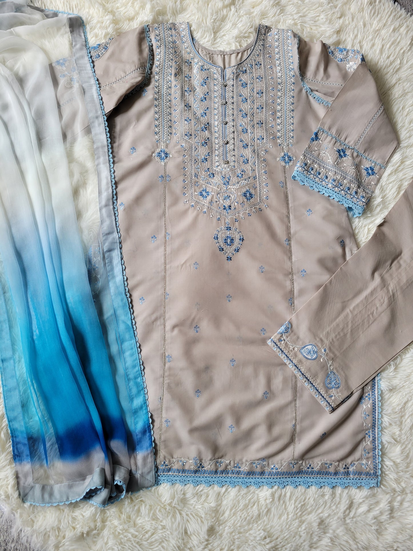 Zara Shahjahan Grey Suit with Sky Blue Embroidery and Ombre Dupatta