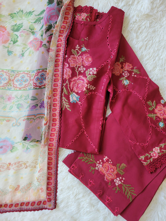 Zara Shahjahan Crimson Bloom: Embroidered Suit with Floral Dupatta