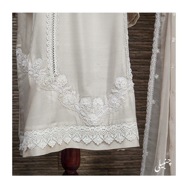 Chambeli Serenity: Embellished Cotton Net Dress with Chiffon Dupatta