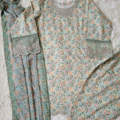 Faiza Faisal Muted Olive Printed Lawn Suit with Printed Chiffon Dupatta